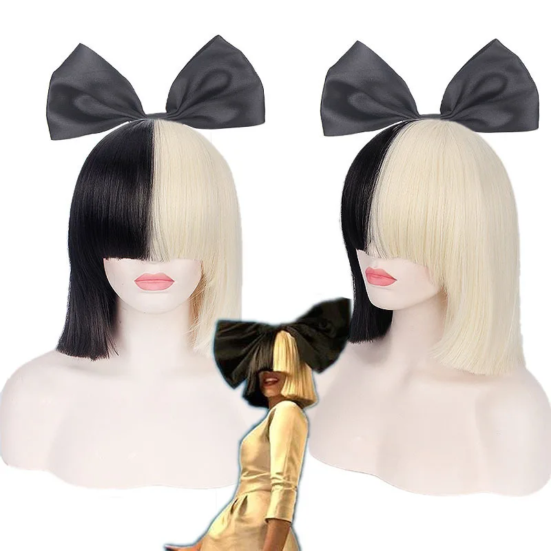 

This is Acting SIA Anime Cosplay Synthetic Hair Women Straight Halloween Party Half Blonde Black Short Bob Wigs With Bangs 35cm