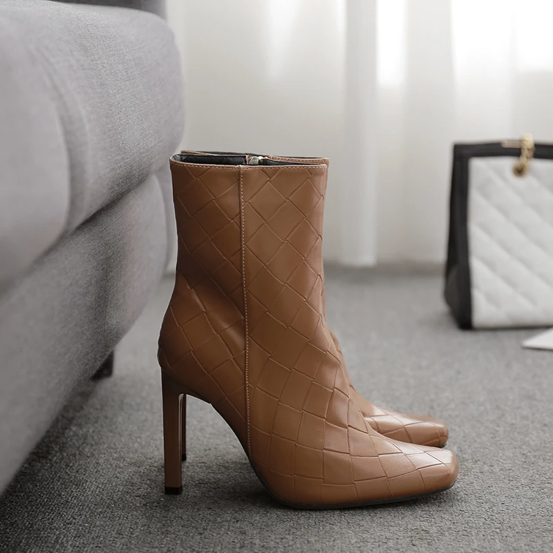 

Square-toe Ultra-fine High-heeled Women's Short Boots Pure Color Plaid Pattern High-quality Women's Shoes Fashion Nude Boots
