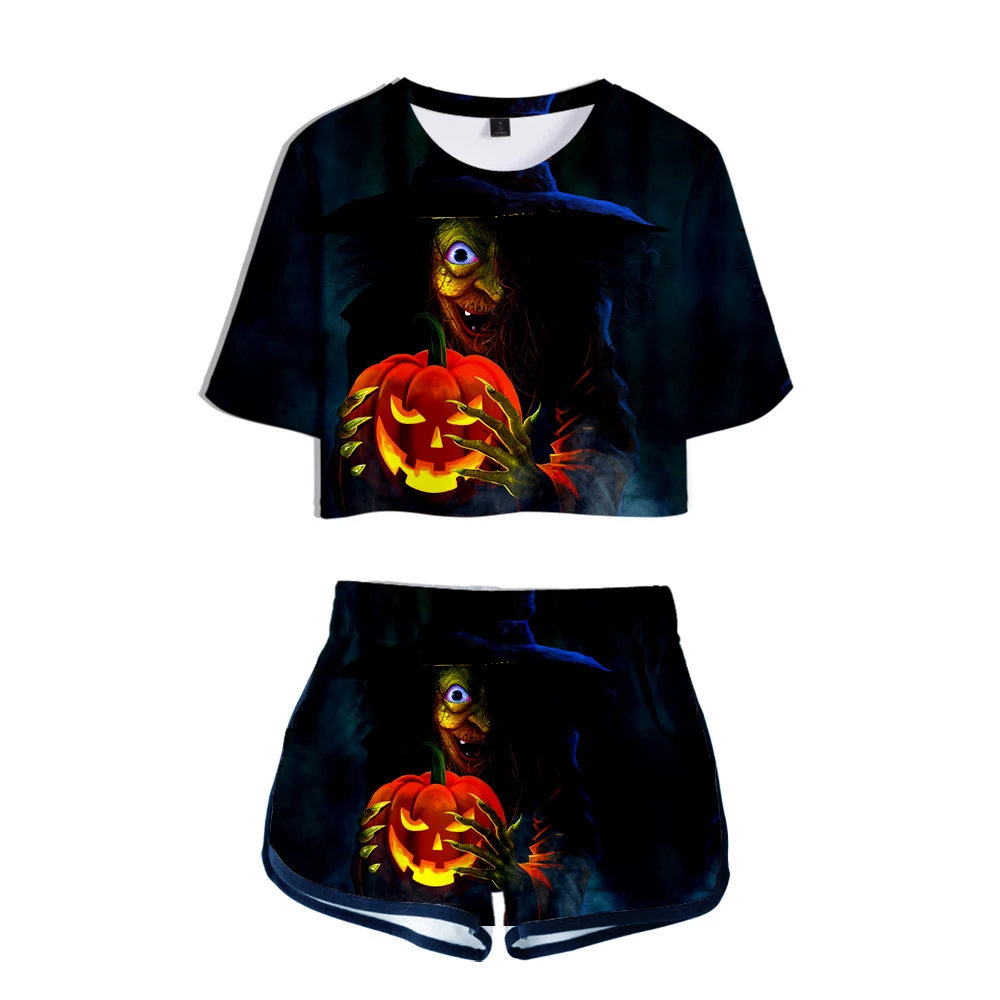 

Hot Sale Halloween Two Piece Set Harajuku Nightmare Before Christmas Navel Tshirt Shorts Streetwear Shorts Set
