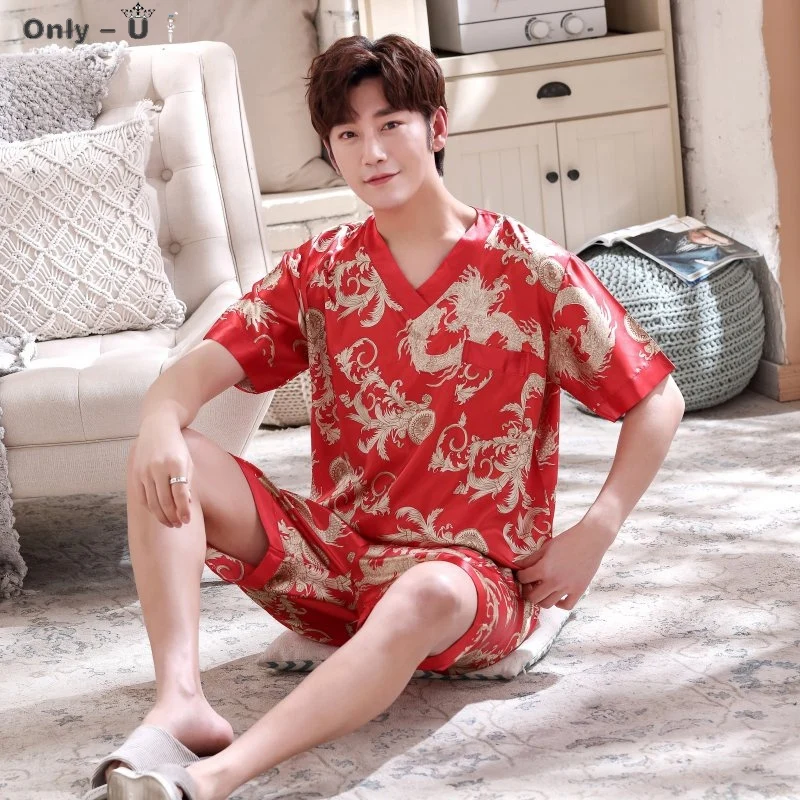 

2021 Summer Silk Satin Print V-neck Pajama Sets for Men Short Sleeve Sleepwear Suit Pyjama Male Loungewear Homewear Home Clothes