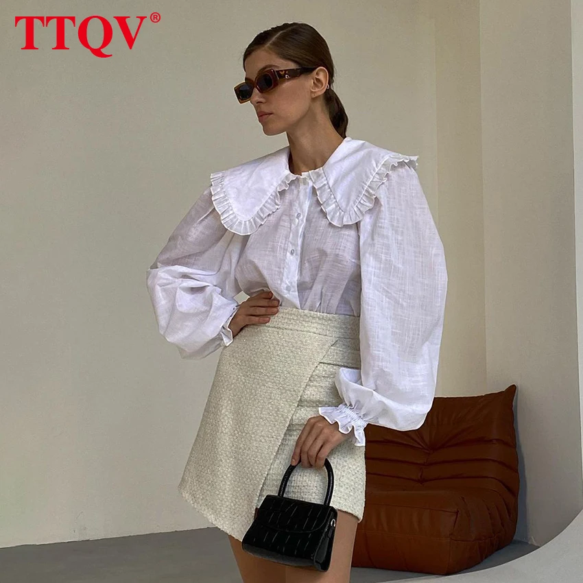 

TTQV Casual Doll Collar White Women'S Shirt Spring Long Sleeve Cotton Fashion Blouse Vintage Solid Top Female Clothes 2022