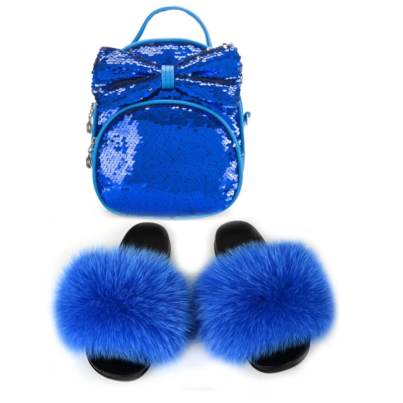 

Kids Cute Fluffly Fur Sandals Sequin Schoolbag Set Girl Furry Plush Fur Sandals Bling Rabbit Satchel Sweet Children Fur Shoes