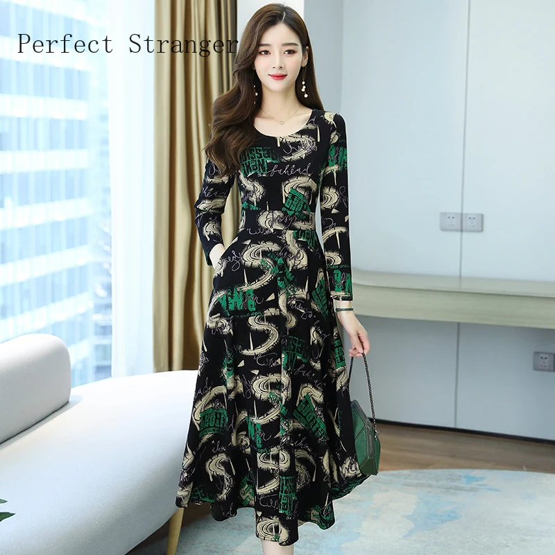 

2020 Autumn New Arrival Round Collar Flower Printed Women Knitting Cotton Long Dress High Quality