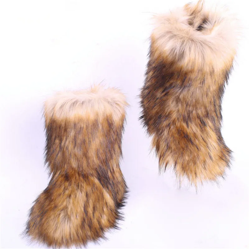 Women's Winter Faux Fox Fur Rain Boots Fluffy Stripe Furry High Snow Boots Woman Fur Home Female Warm Fur Home Shoes Size 34-44