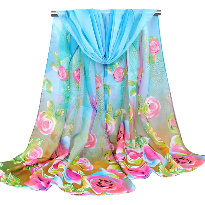 Шарф женский хиджаб шифоновый шейный платок с розовым цветочным принтом Пляжная