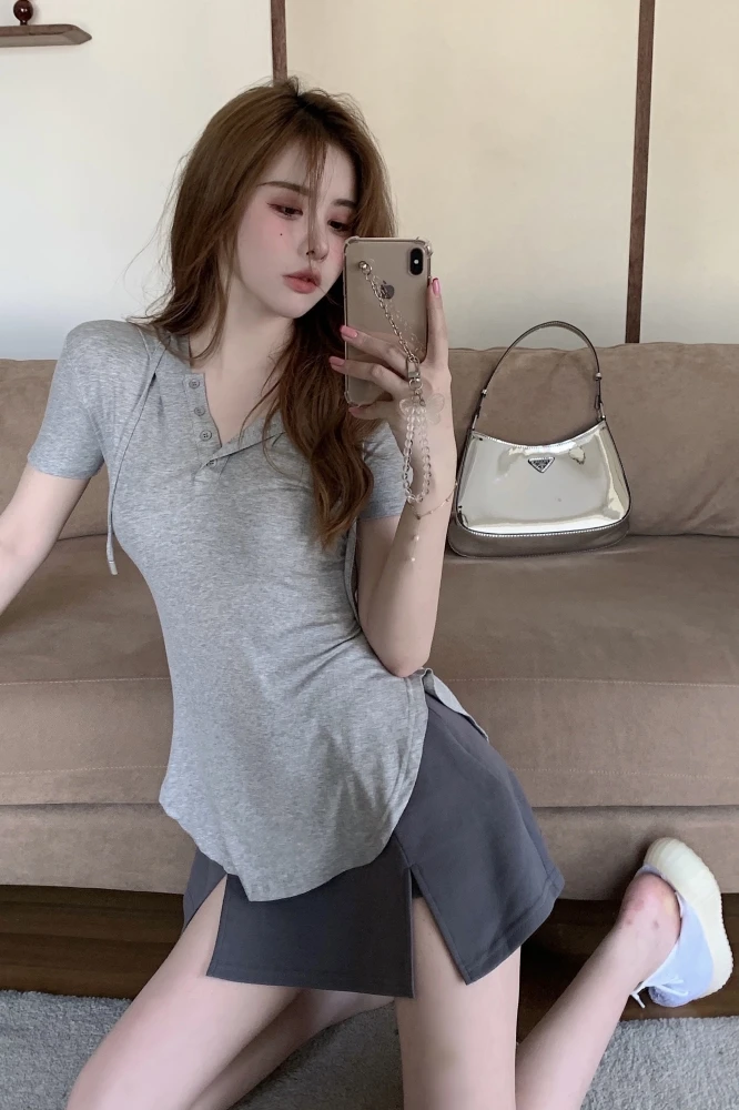 

Pink Hooded Slim Fit Irregular Thin T-shirt Short-Sleeved Top for Women 2021 Summer New Slit Pantskirt Fashion Sweet 2 Piece Set