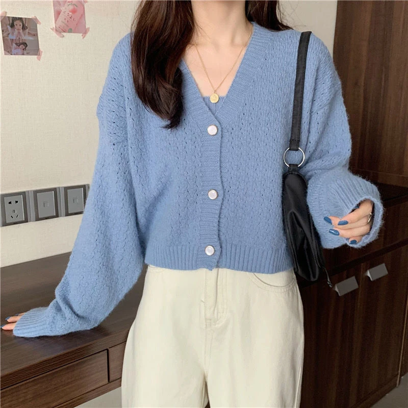

2021 Spring Autumn Two Pieces Sweater Set Korean Solid V-neck Single Breasted Cardigan Knitwear+tube Knitwear Tops Short Sweater
