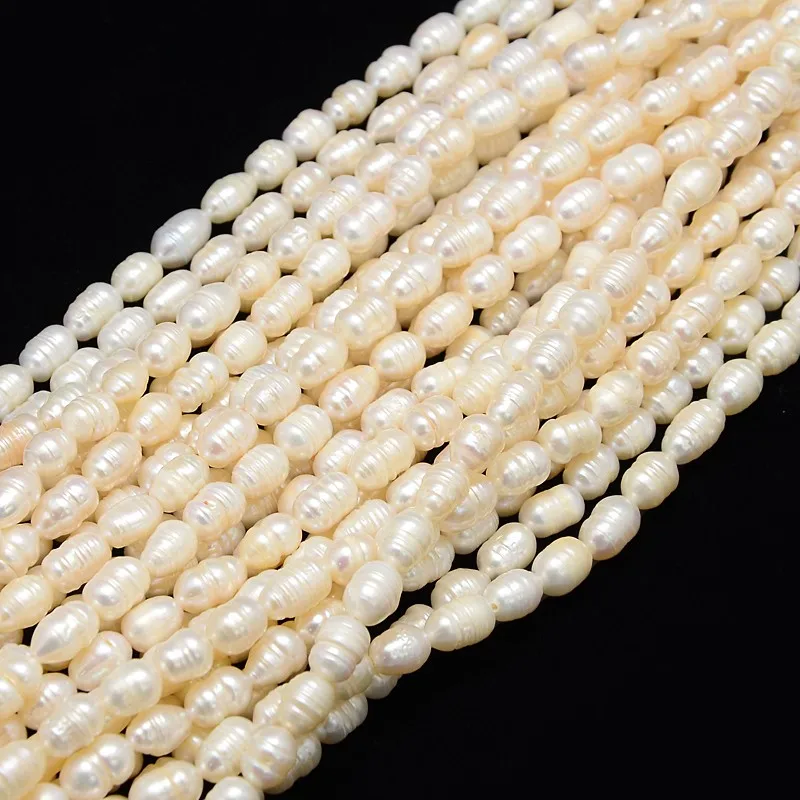 

5Strand Natural Cultured Freshwater Pearl Beads Strands with Screw Thread Rice Creamy White 5~6mm Hole: 0.8mm about 43pc/strand