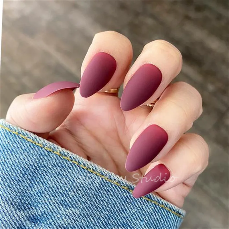 

Short Matte Red False Nails With Glue Sticker Stiletto Faux Ongles Court Artificial Plastic Press On Nails Impress Fingerails
