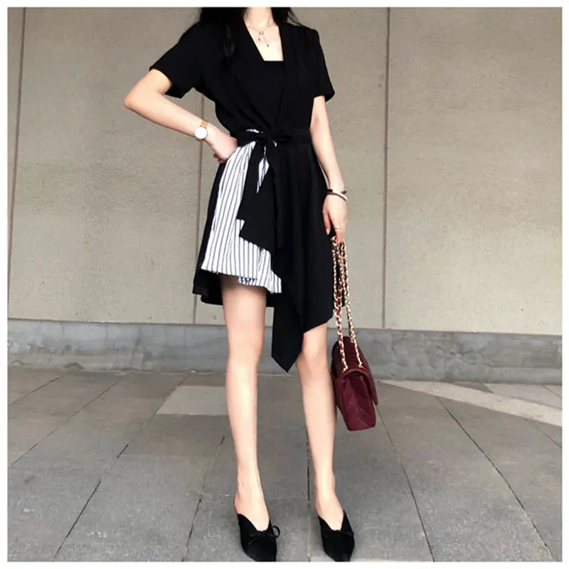 

Women's new fake two-piece irregular dress French retro high-waisted slim slimming A-line scheming little black dress female
