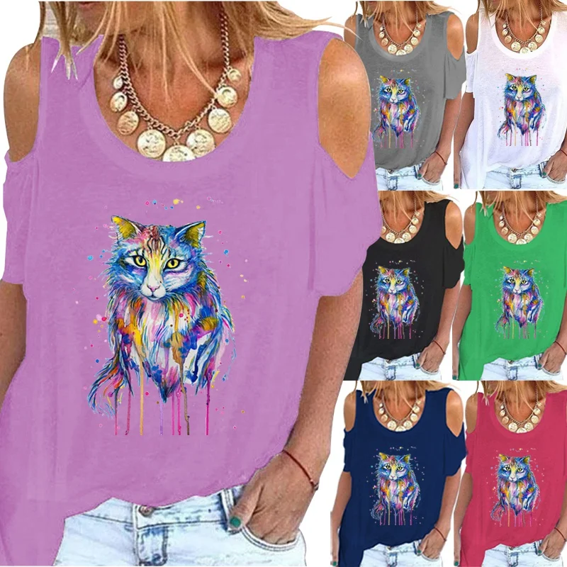 

Женская летняя модная повседневная футболка с цветным принтом, свободная футболка без бретелек, с круглым вырезом и коротким рукавом, S-5XL