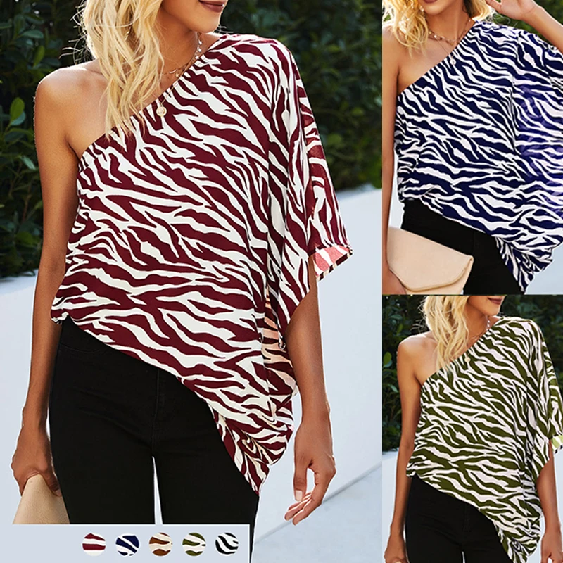 

Zebra Print Blusas Plus Size Streetwears Summer Oblique Shoulder Women T-Shirts Elegant Loose Tee Shirt Female Short Sleeve Tops