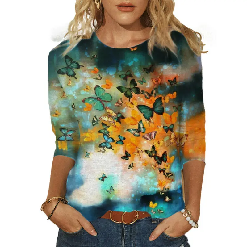 

Women Casual Butterfly Print Blouse Animal T-Shirt 3/4 Sleeve Crew Neck Tee Tops