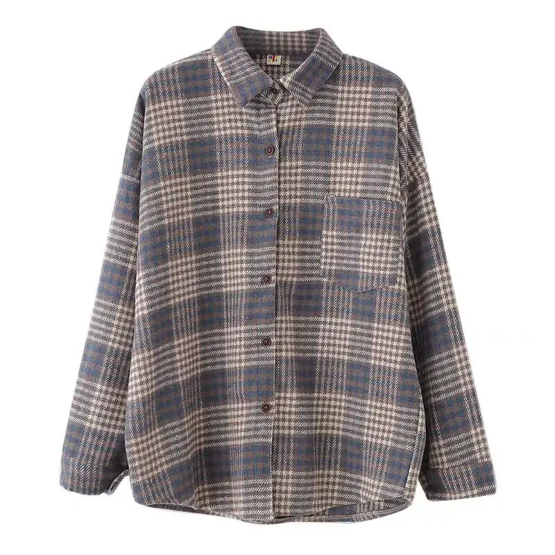 

Ins new thickened and fluffy tweed coat women's Long Sleeve Plaid Shirt