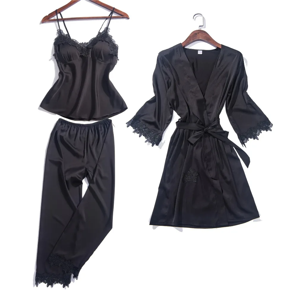 

New 2018 New Pattern Spring And Summer Long Sleeve Embroidery Silk Homewear Woman Sexy Camisole Pajamas Three-piece