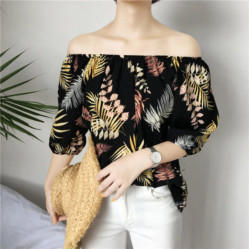 

2020 Off Shoulder Printed Floral Women's Blouse Loose 3/4 Sleeve Hawaiian Top Short Sleeve Blouses Chiffon Shirts