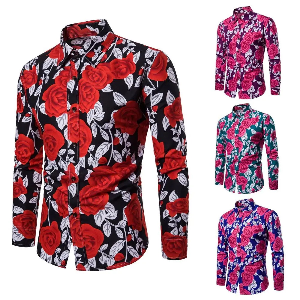 

Men's Shirts Hot 2018 Fashion Long Sleeve Floral Rose Print Shirt Male Slim Fit Shirts Male Casual Hawaiian Ou code Shirt