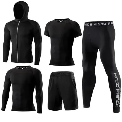Fitness suit men's basketball tights training suit running gym fast dry spring and autumn five-piece set - Цвет: Черный
