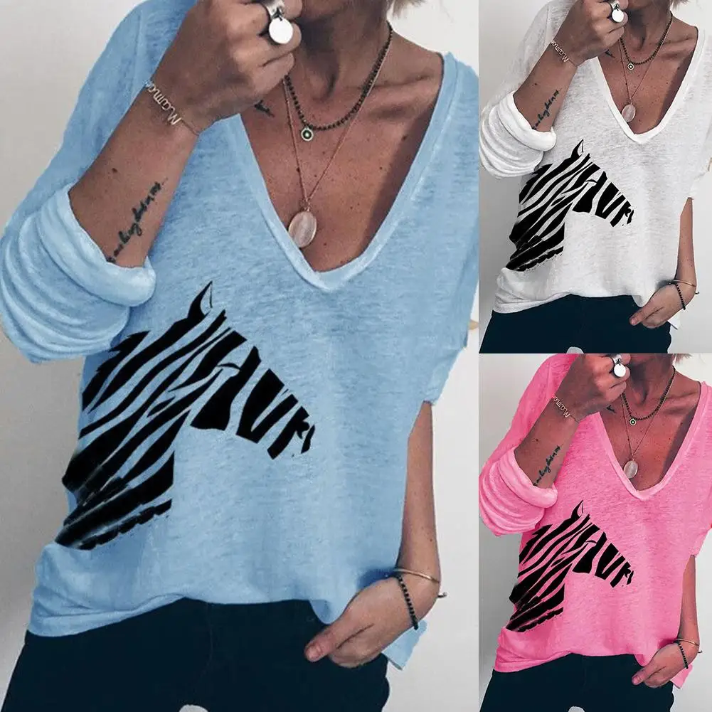 Women Casual Autumn Long Sleeve Zebra Print Loose T-shirt Blouse Top Streetwear | Женская одежда