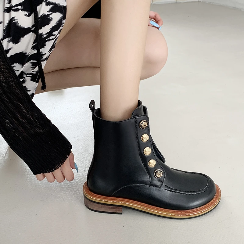 

Women's Ankle Boots Leather Shoes High Top Fashion Winter Warm Snow Shoes Metal Decoration Boots Black Winter Boots for Women