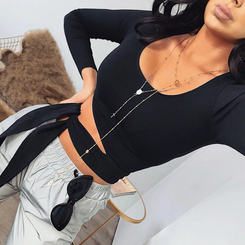 

Sexy Women Bandage Long Sleeve Square Neck T-shirt Crop Top Shirt Blouse