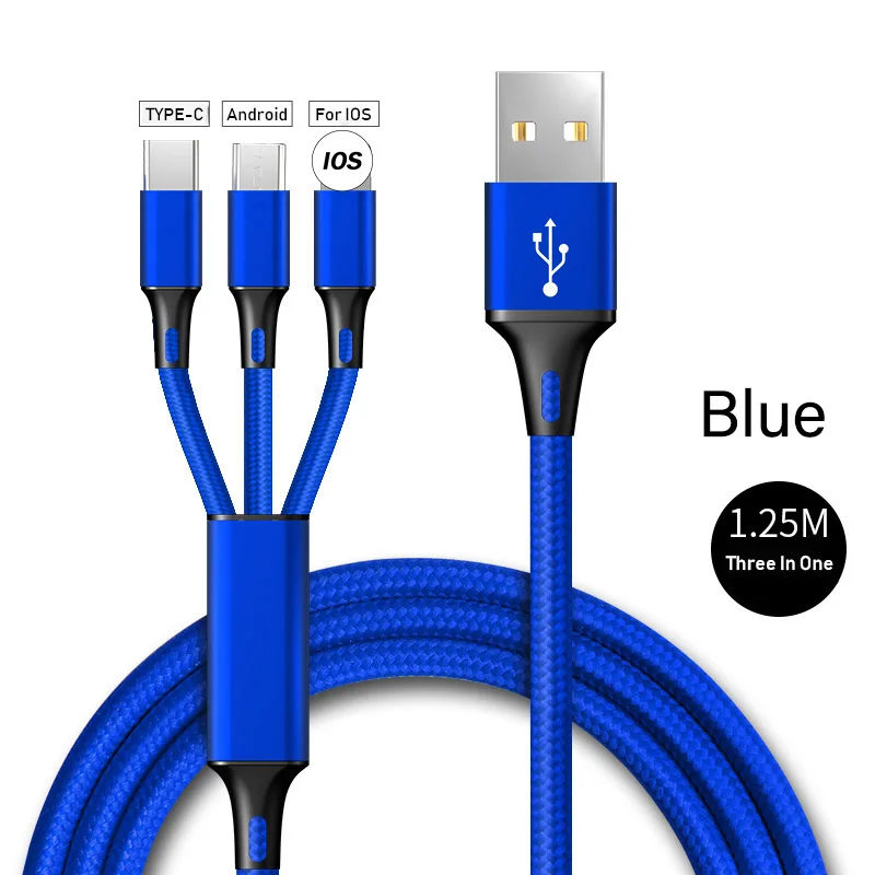 Blue 3 в 1 USB кабель для iPhone XS Max X 7 2.4A Быстрая зарядка зарядное устройство type-C Micro USB кабель для samsung S10 мобильный телефон USB C шнур - Тип штекера: Blue