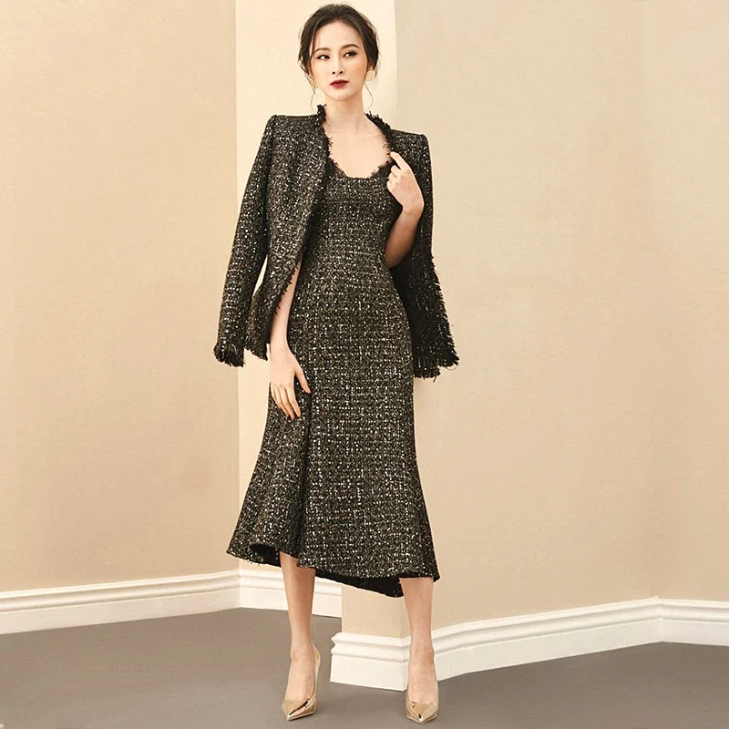 Luxury Runway Designer Autumn Winter Tweed Wool Dress Suits For Women Coat Jacket Ladies Two Piece Set Womens Vintage Clothes