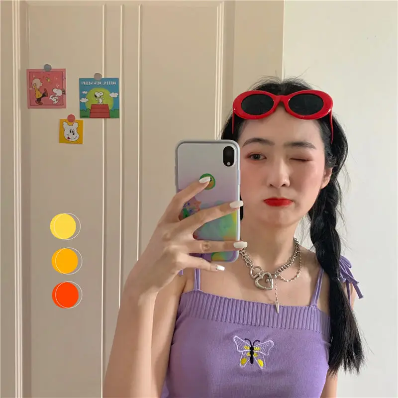 

Sexy Cute Little Camis Summer New Embroidery Butterfly Knitting Lace up Tank Tops Slim Show Thin Female Clothing Wholesale