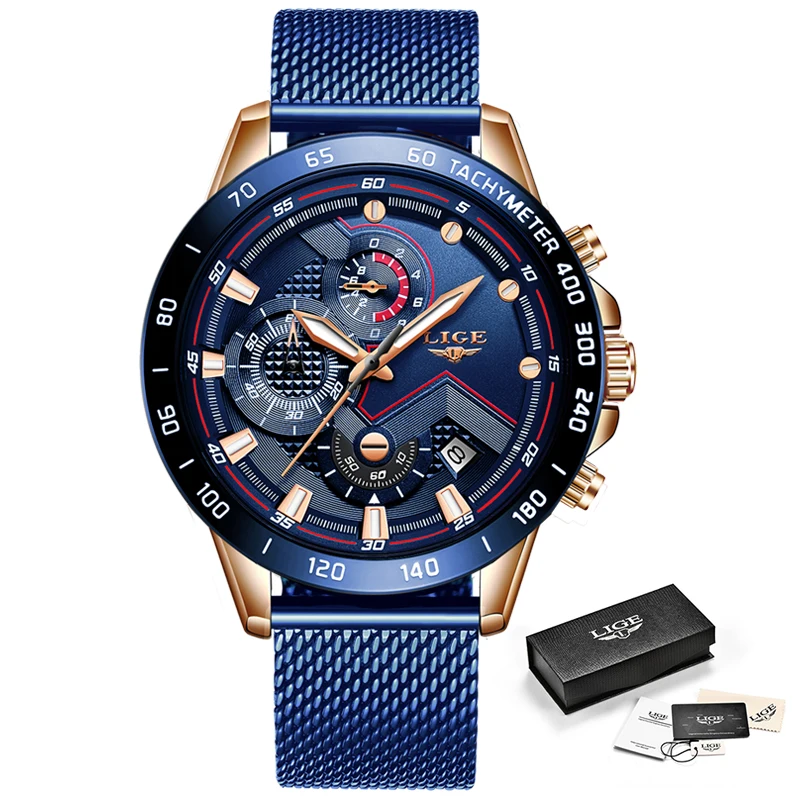 

2019 LIGE New Mens Casual Watch For Men Date Quartz Wrist Watches Sport Chronograph Fashion Blue Mesh Belt Watch Relojes Hombre