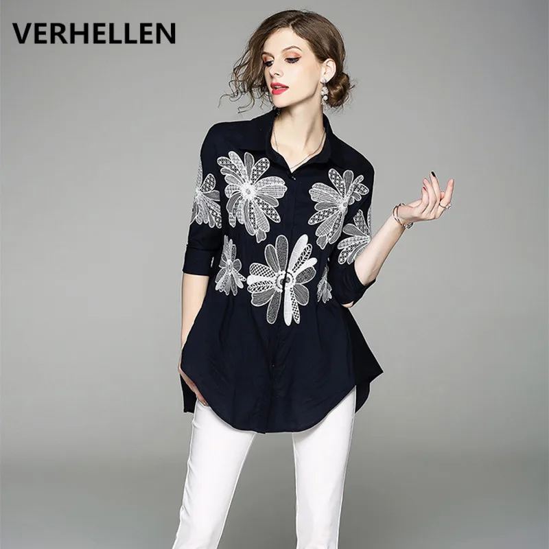 VERHELLEN High Quality Fashion 2020 Autumn Runway Designer Shirt Women's 3/4 Sleeve Flower Embroidery Casual Loose Blouse Shirts | Женская