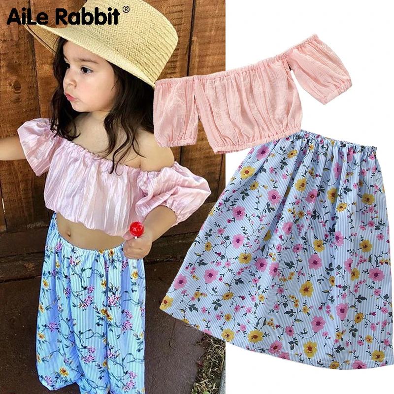 Костюм для девочек розовый топ на одно плечо Цветочная юбка детская одежда