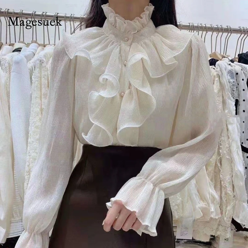 

Spring Ruffles Stitching Long Flare Sleeve Chiffon Blouse Women Buttons Ruched Loose Tops Stand Collar Solid Female Shirts 12946