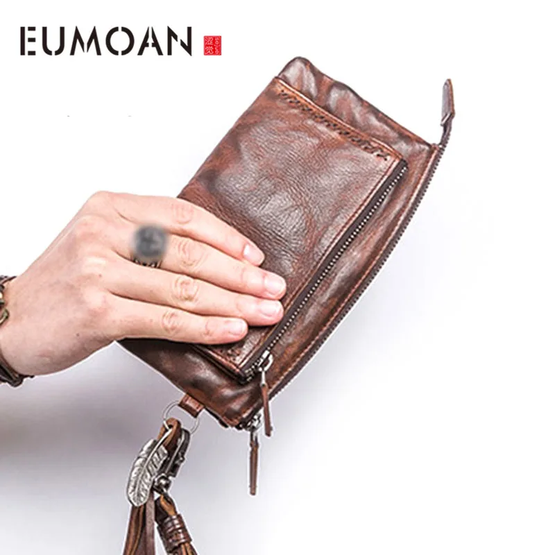 Кожаный мужской кошелек с длинной молнией и бахромой в стиле ретро вместительный