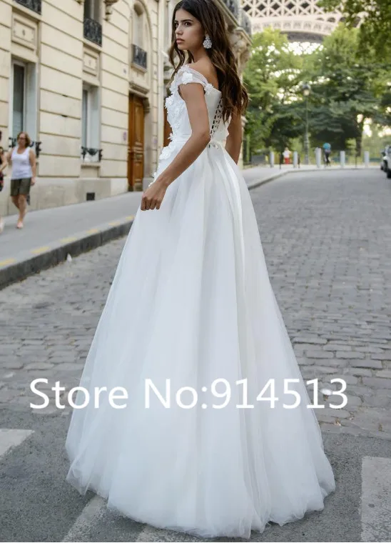 Платье Свадебное ТРАПЕЦИЕВИДНОЕ с открытыми плечами кружевной аппликацией и