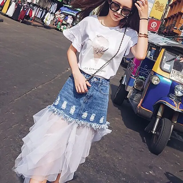 

Irregular mesh stitching denim skirt women's 2021 summer new A-line skirt skirt skirt