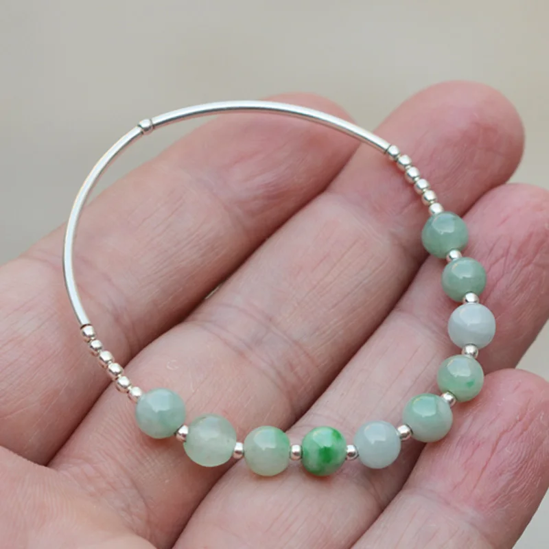 

Drop Shipping Silver 925 Bracelets Natural Jadeite Round Bead Bracelet Women's Jade Bracelet Bangles Girl's Fine Jewelry