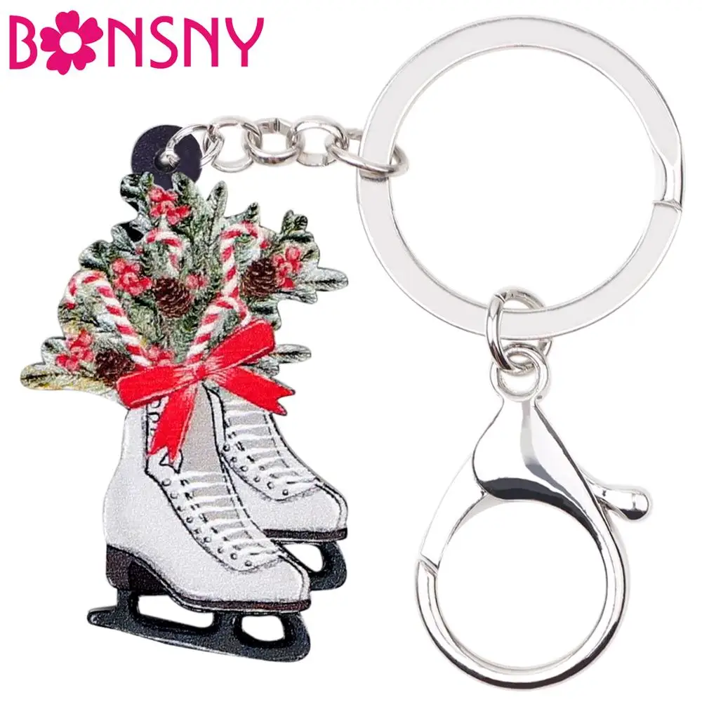

Bonsny Acrylic Christmas Bow-knot Skates Shoes Key Chains Keychains Rings Wallet Car Pendant Jewelry Women Girl Gift Decorations
