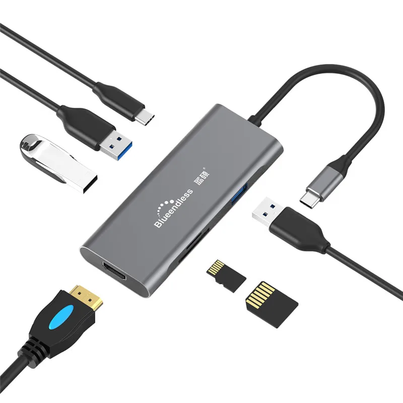 7 in 1 9 в 1 USB 3,0 тип-c док-станция для ноутбука USB 3,0 HDMI TF LAN PD USB концентратор для Macbook huawei XiaoMi DELL поверхность lenovo док-станция - Цвет: 7 in 1