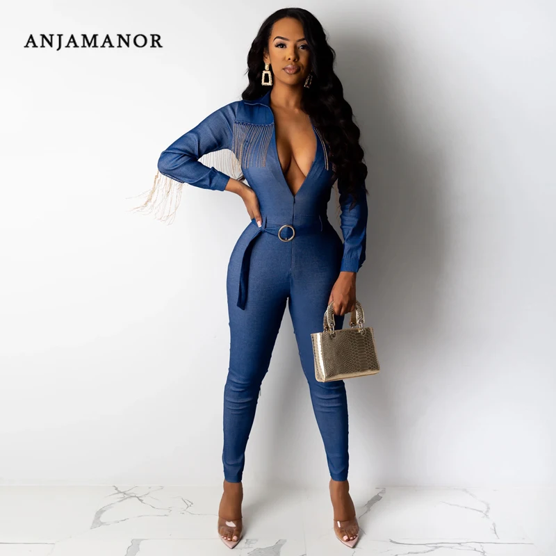 ANJAMANOR сексуальный модный с бахромой кисточками джинсовый длинным рукавом