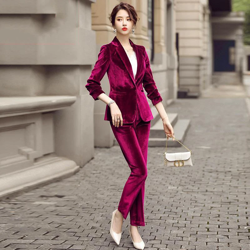 

Women 2021 Autumn Winter Chic Two Piece Suits Velvet Blazer And Pants Office Ladies Jacket Coat Trousers Suit 4XL Plus Size A237