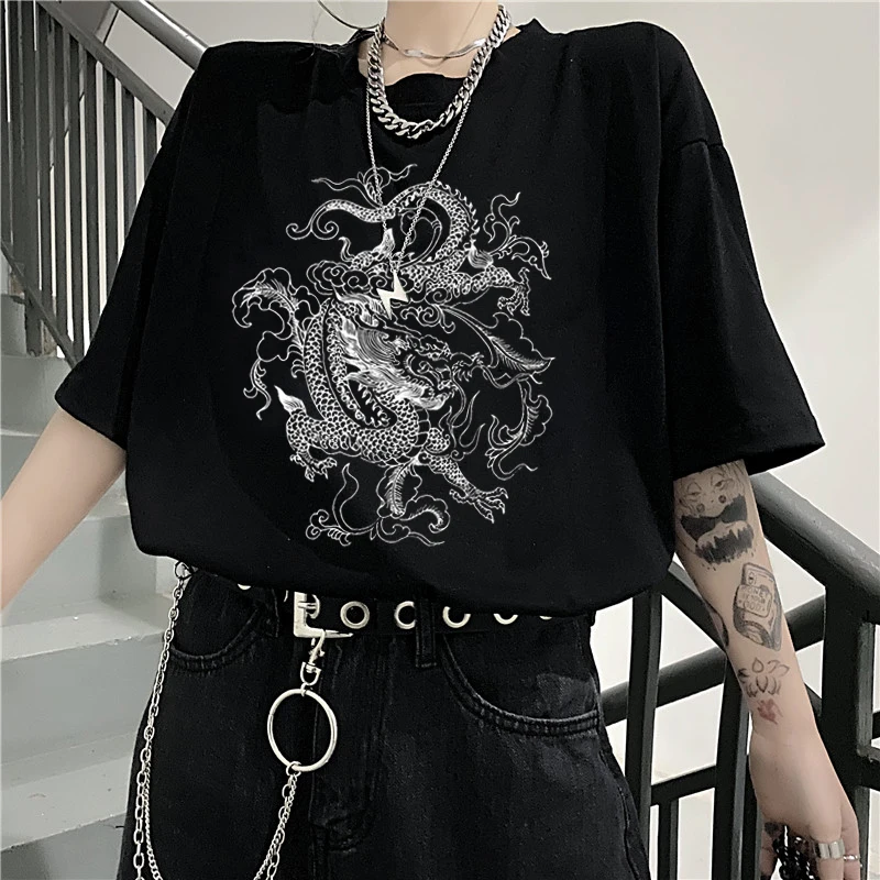 

Korean Tees dropshipping Cotton Goth dragon punk Gothic clothes y2k top Short sleeve hip hop vintage print Harajuku women tshirt