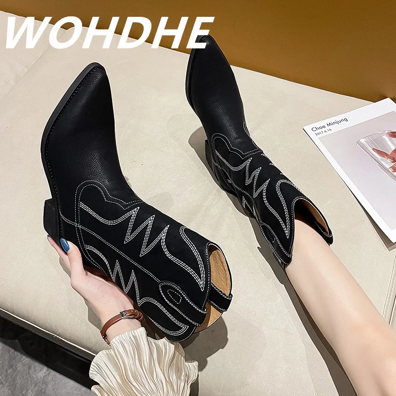

WOHDHE Modern Boots Women Pointed Toe Med Thick Heel Mid-calf Fashion Slip-on Shoes Western Style PU Leather Geometric Plus-size