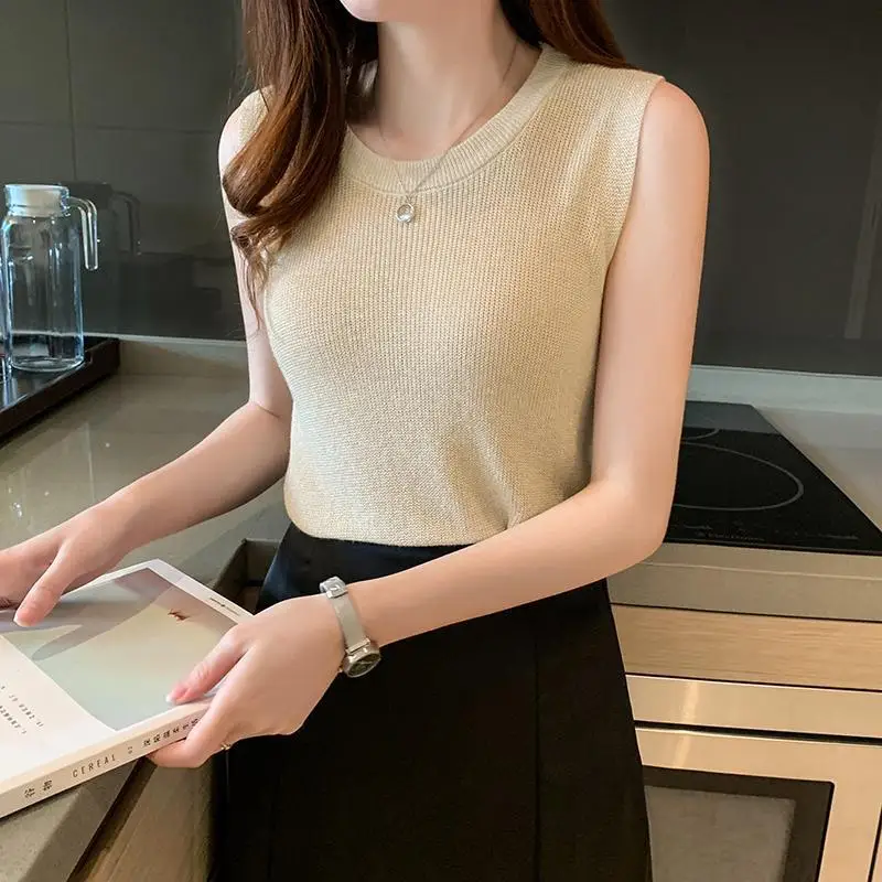 Летний женский пуловер без рукавов вязаный жилет облегающий Вязаный топ с