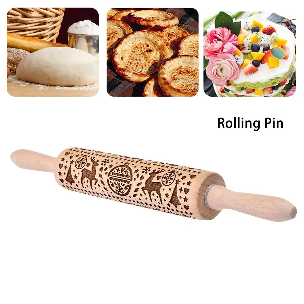 

Classic Wooden Rolling Pin with Easy Roll Bearings Embossed Deer Kitchen Cooking Baking Tools Accessories