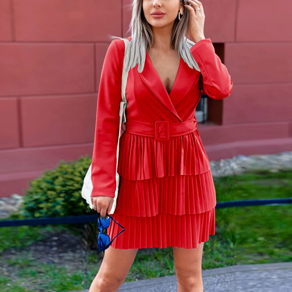 

Autumn Winter Commuter Temperament Windbreaker V-neck Dresses Spring Pleated Mini Short Skirt OL Office Women's Suit Coat Dress