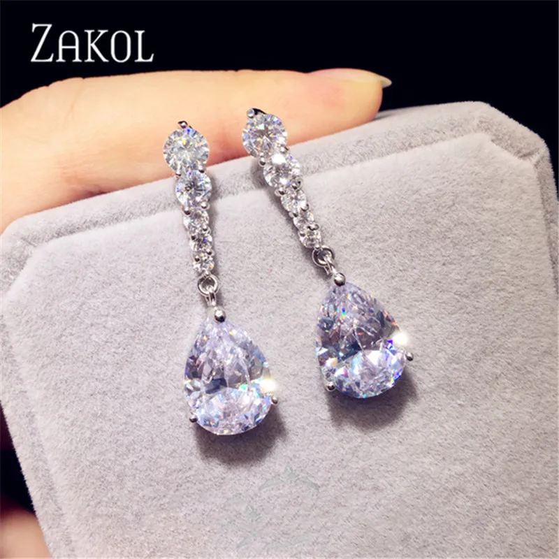 

ZAKOL Fashion Female Zirconia Crystal Water Drop Long Dangle Earrings White Stone Boho Bridal Wedding Jewelry FSEP2133