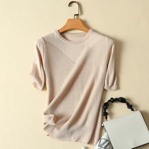 Футболка женская трикотажная, однотонная, с круглым вырезом и коротким рукавом, лето 2021