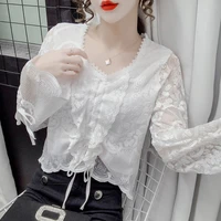 lace ladies tops 2021 new sexy long sleeve hollow v neck lace shirt women top solid blouse shirts ruffle butterfly 369b