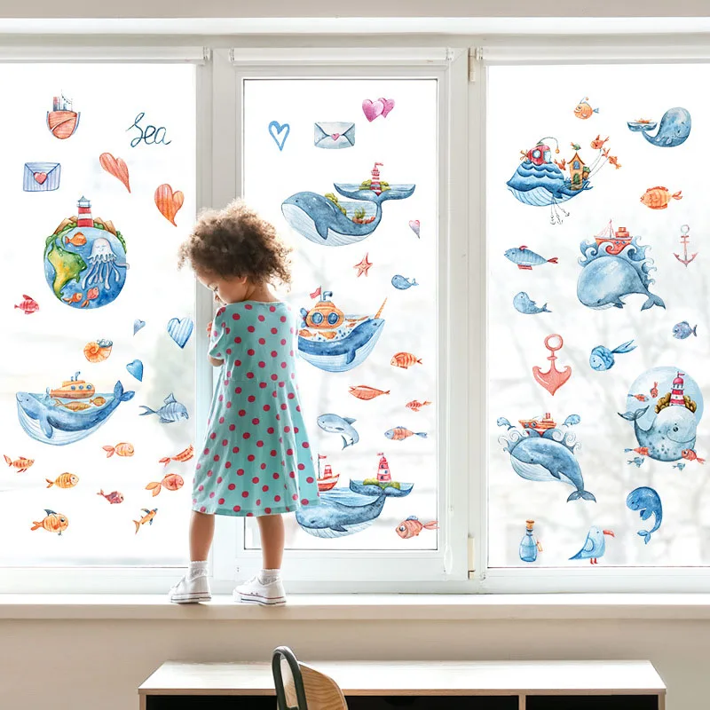 New product cute cartoon whale bathroom tile glass door window background decoration electrostatic film