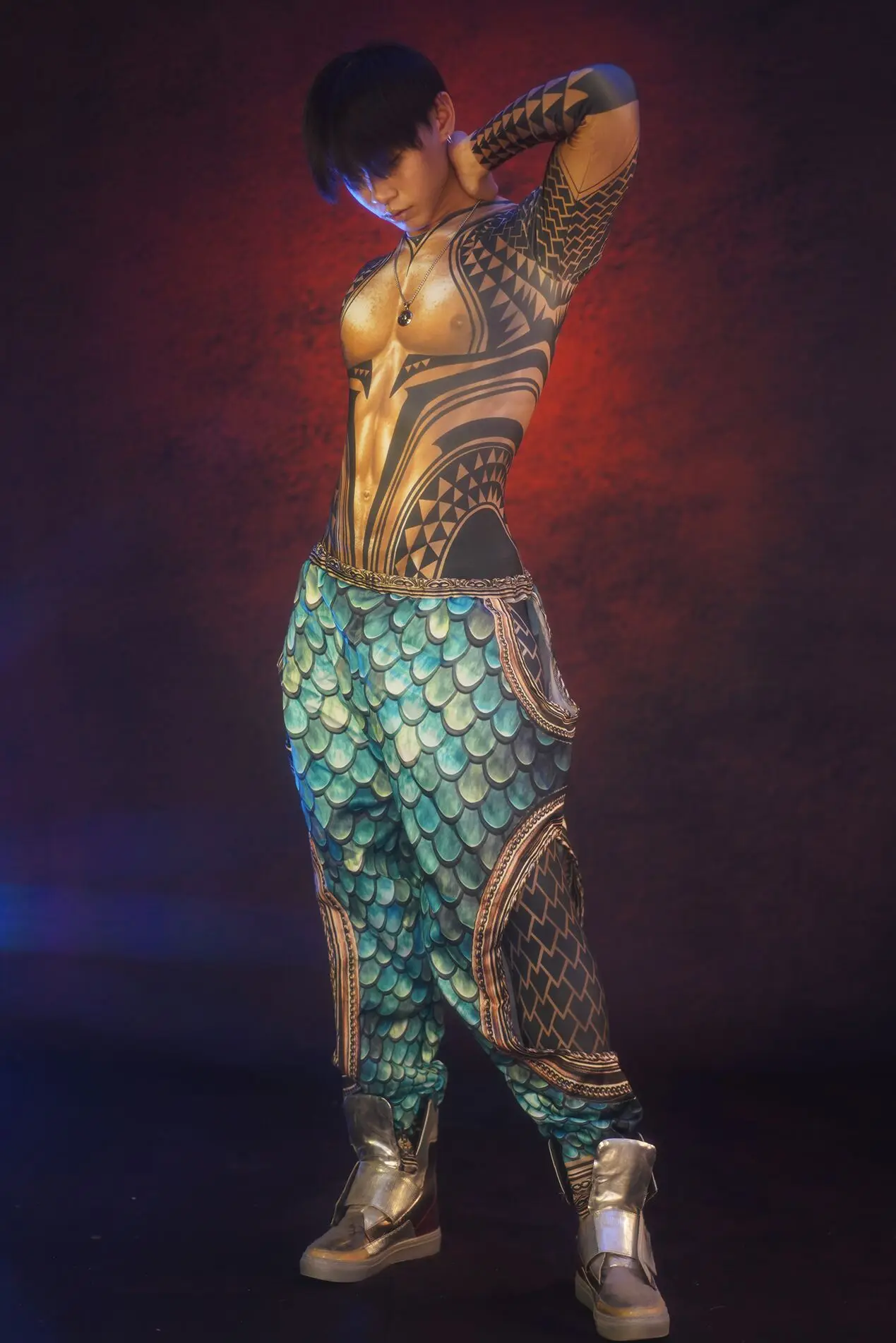 

Комбинезон с узором в виде рыбьей чешуи, мужской новый костюм, сексуальный облегающий сценический костюм из двух предметов, мужской танцева...